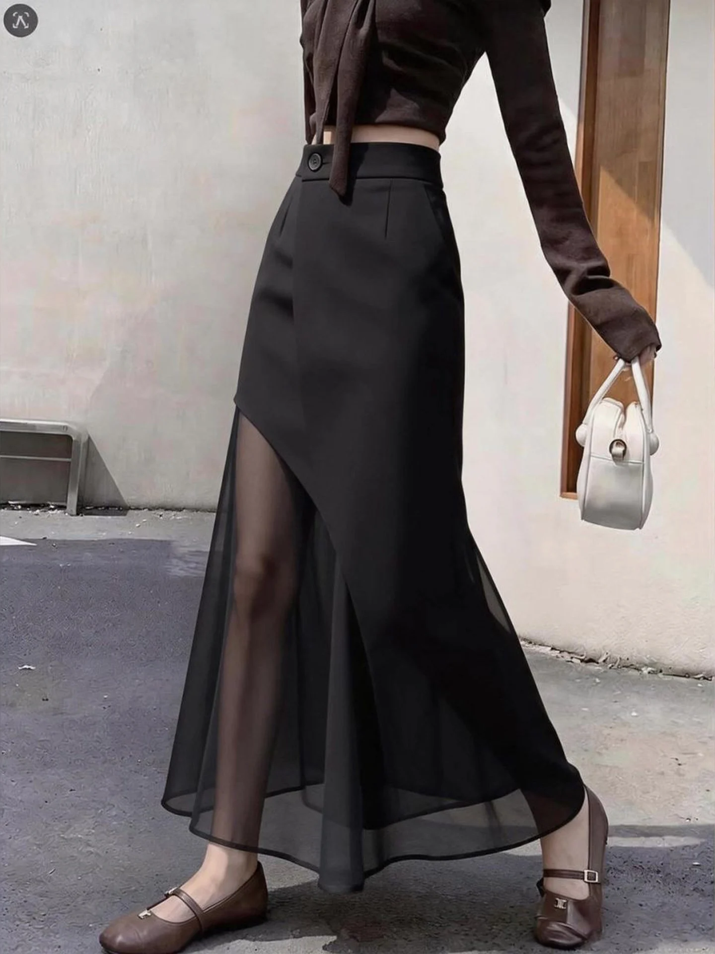 Trendy Black Mesh Splice Casual Commute Women's Skirt Slimming High Waist A-Line Long Skirt Korean Style Daily Wear