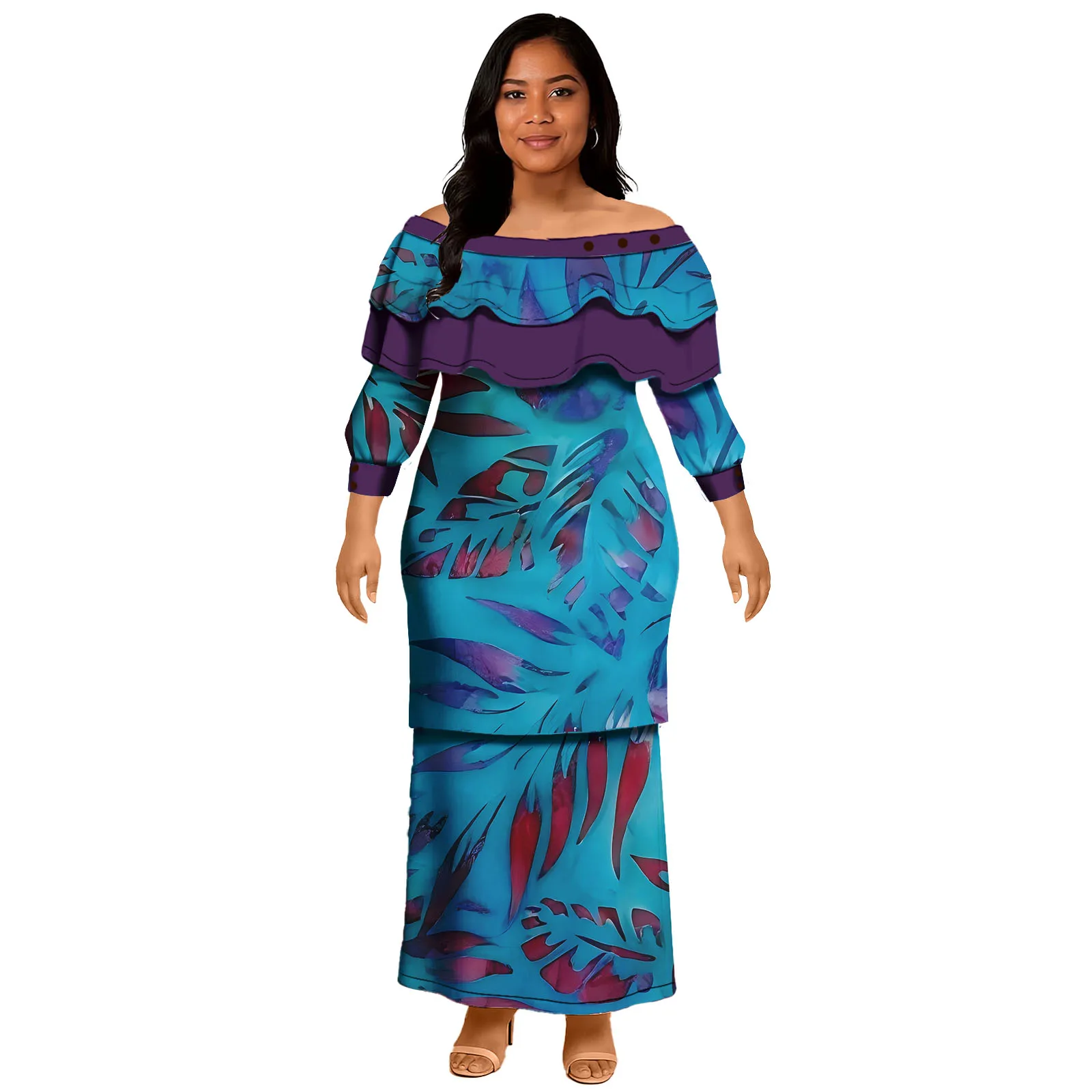 Roupas de Designer Personalizadas, Vestuário Feminino Polinésio de Praia, Elegante Puletasi Samoano, Conjunto de 2 Peças, Vestidos Florais Havaianos para Mulheres