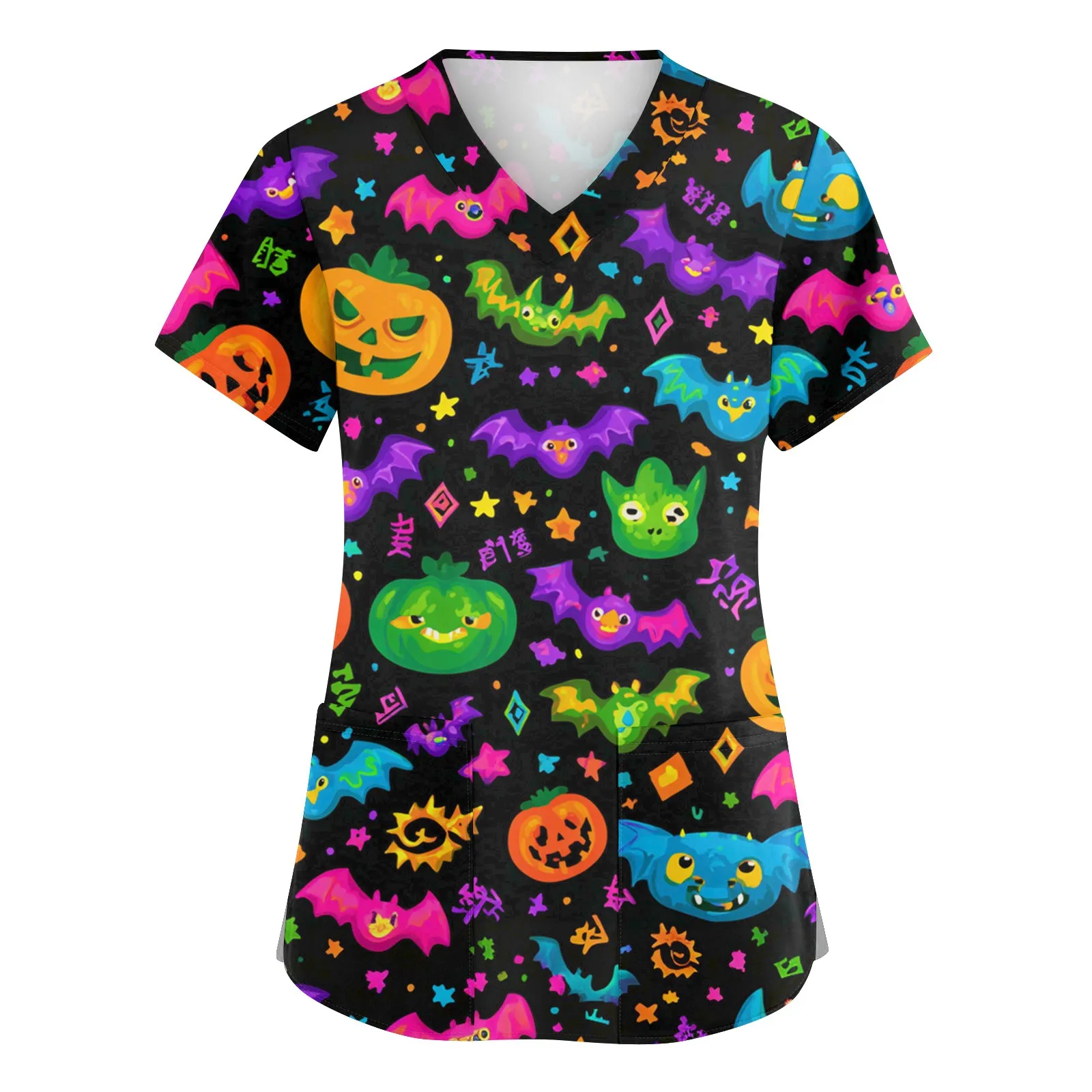 Uniforme chirurgica Donna Stampe di Halloween Scrub Donna medica Casual Scollo a V Manica corta Tasca applicata Uniforme infermieristica per le donne