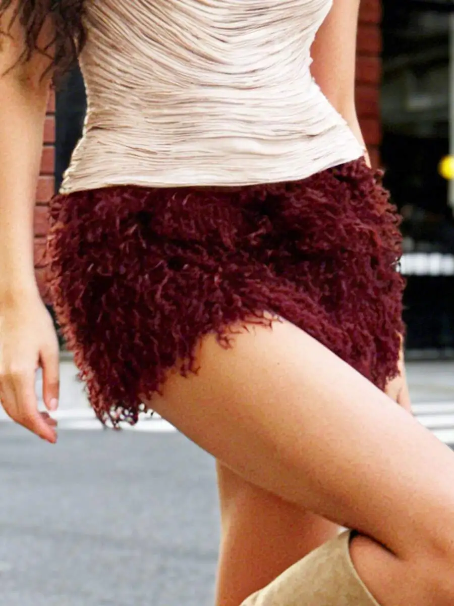 

Womens Burgundy Fuzzy Mini Skirt With Feather Trim For Party Casual Wear