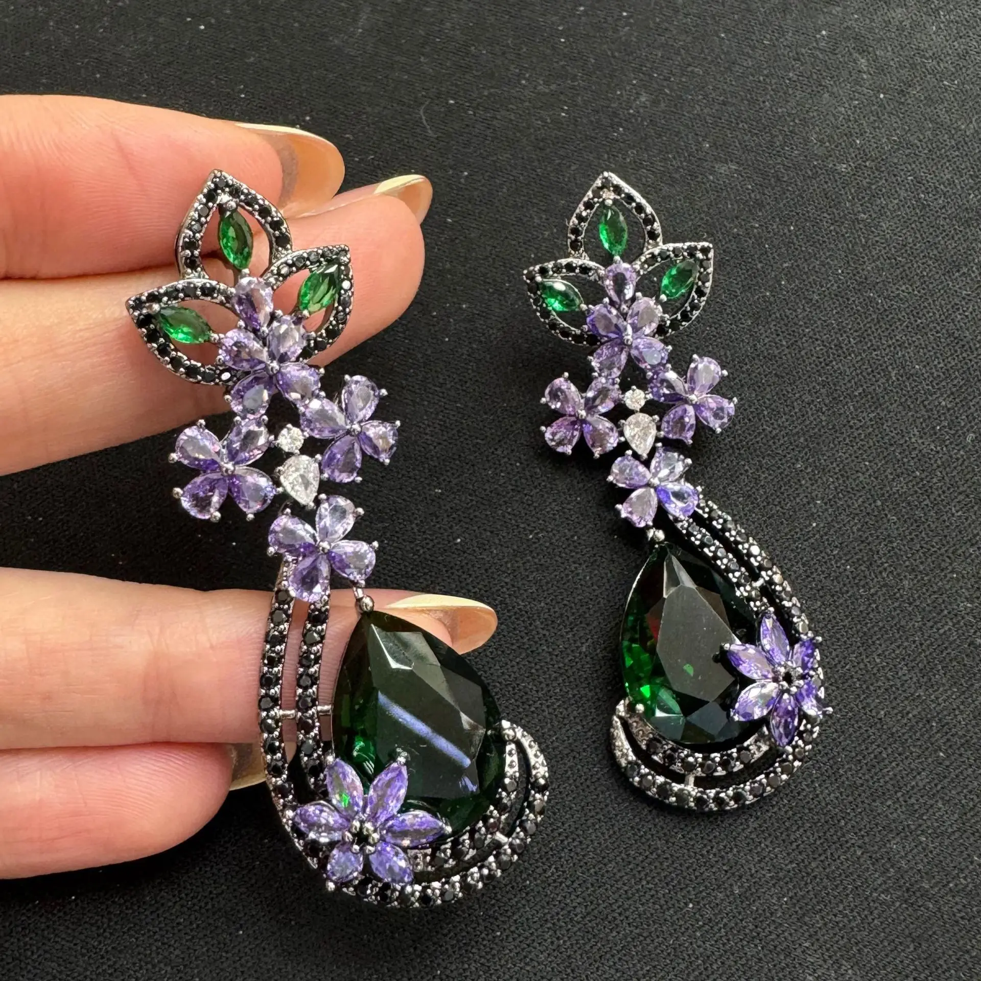 

flower leaf earrings for women shiny zirconia jewelry plant water drop pendant earrings red blue green dinner party female gift