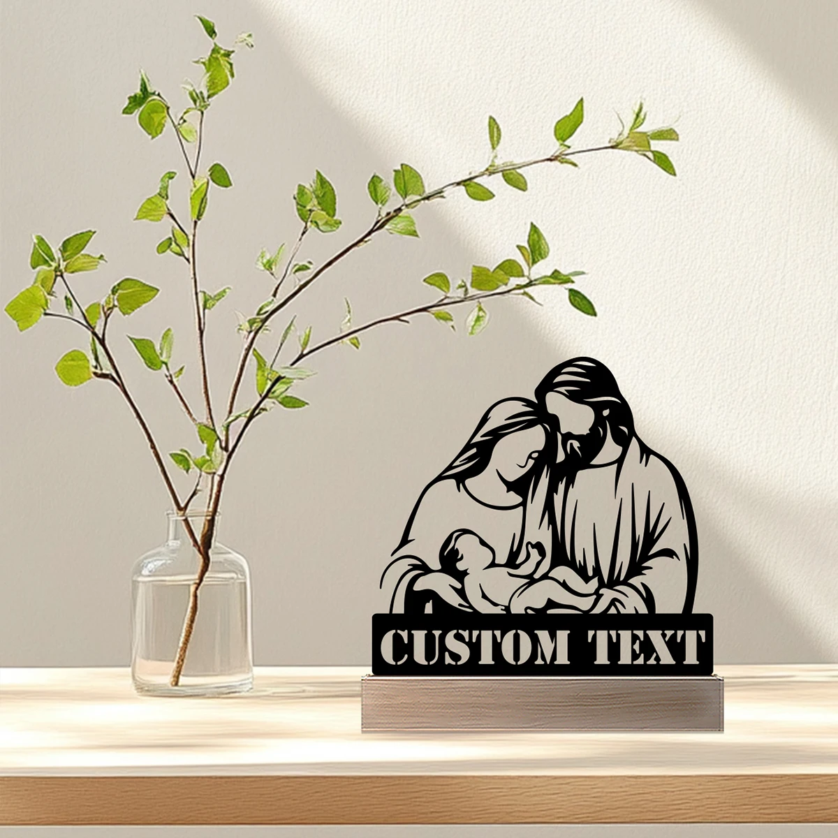 รูปปั้นโลหะพระเยซูพร้อมฐานไม้ งานศิลปะตกแต่งบ้าน 1 ชิ้น (สามารถสลักชื่อได้)