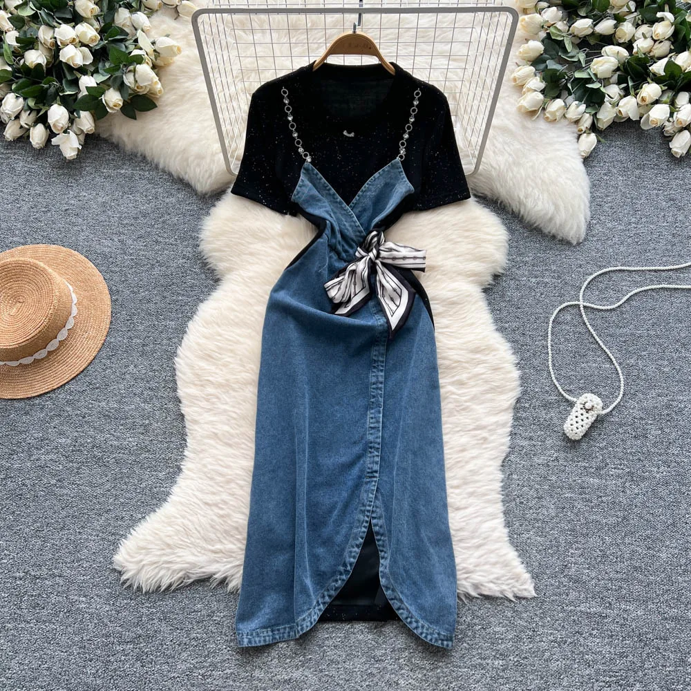

Long Dress Women Denim Dresses Two Fakes Vestidos Streetwear Round Neck Short Sleeve Elegant Splice Y2k High Waist Summer 2025