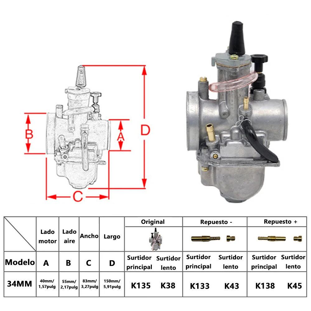 Carburador de Motor de motocicleta adecuado para motores de 250 cc a 350 cc, carburador de Motor de 34mm, accesorios universales para motocicleta