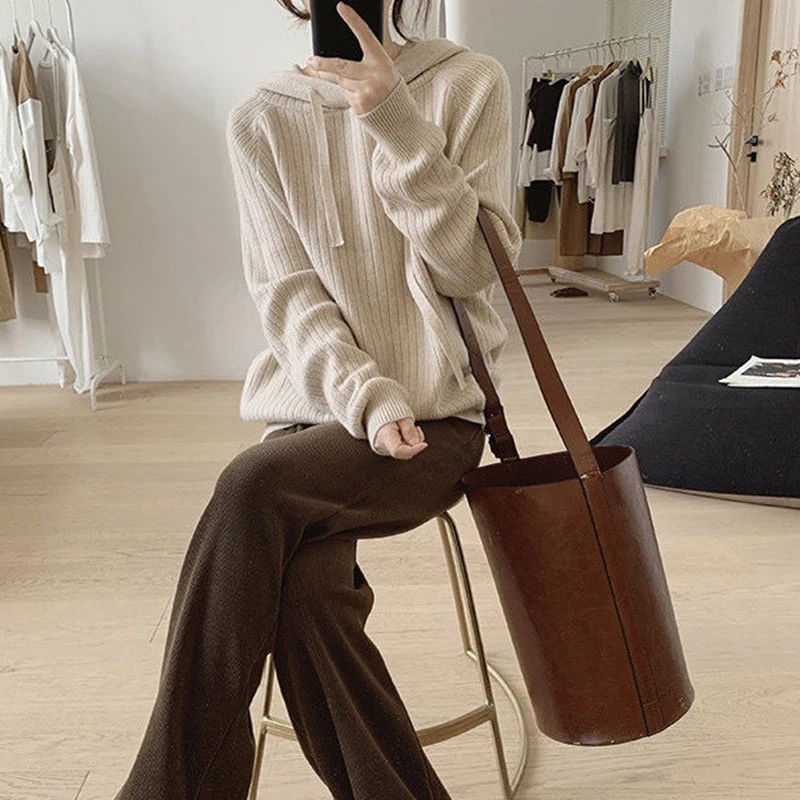 Suéteres con capucha de punto de Color liso para mujer, suéter cálido de manga larga para otoño e invierno, jersey grueso holgado que combina con todo para mujer