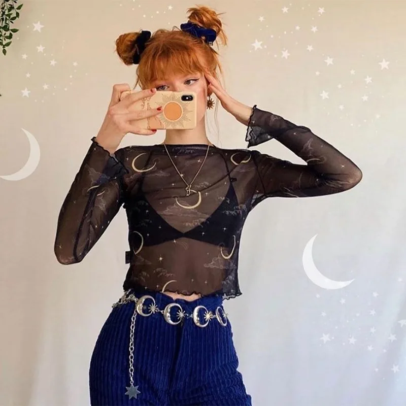 Camiseta de malla con estampado de sol y luna para mujer, Top corto ajustado de manga larga, transparente, Y2K, Fairycore, camisetas sexys para vacaciones de verano