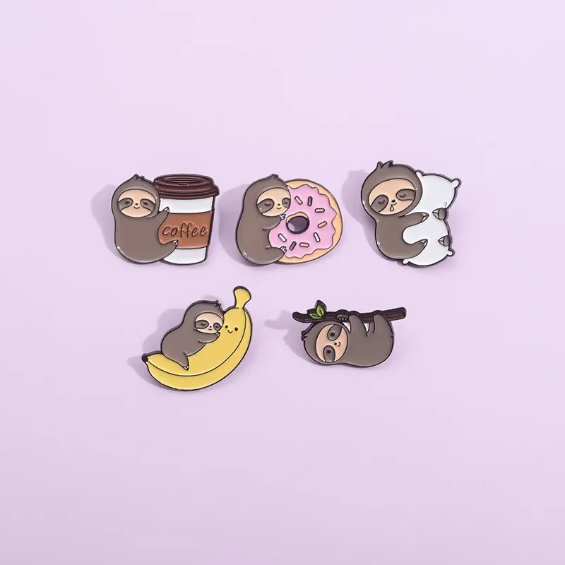 Lazy Sloths Hanging On Branches Enamel Pins Cartoon Banana Donut Sloth Brooch Custom Lapel Badges Jewelry Gift Wholesale