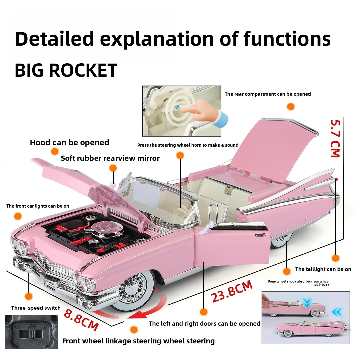 1:24 1959 Eldorado Big Rocket Classic Retro Alloy Model Car Diecasts Metal Model Simulation Sound Light Collection Boys Toy Gift