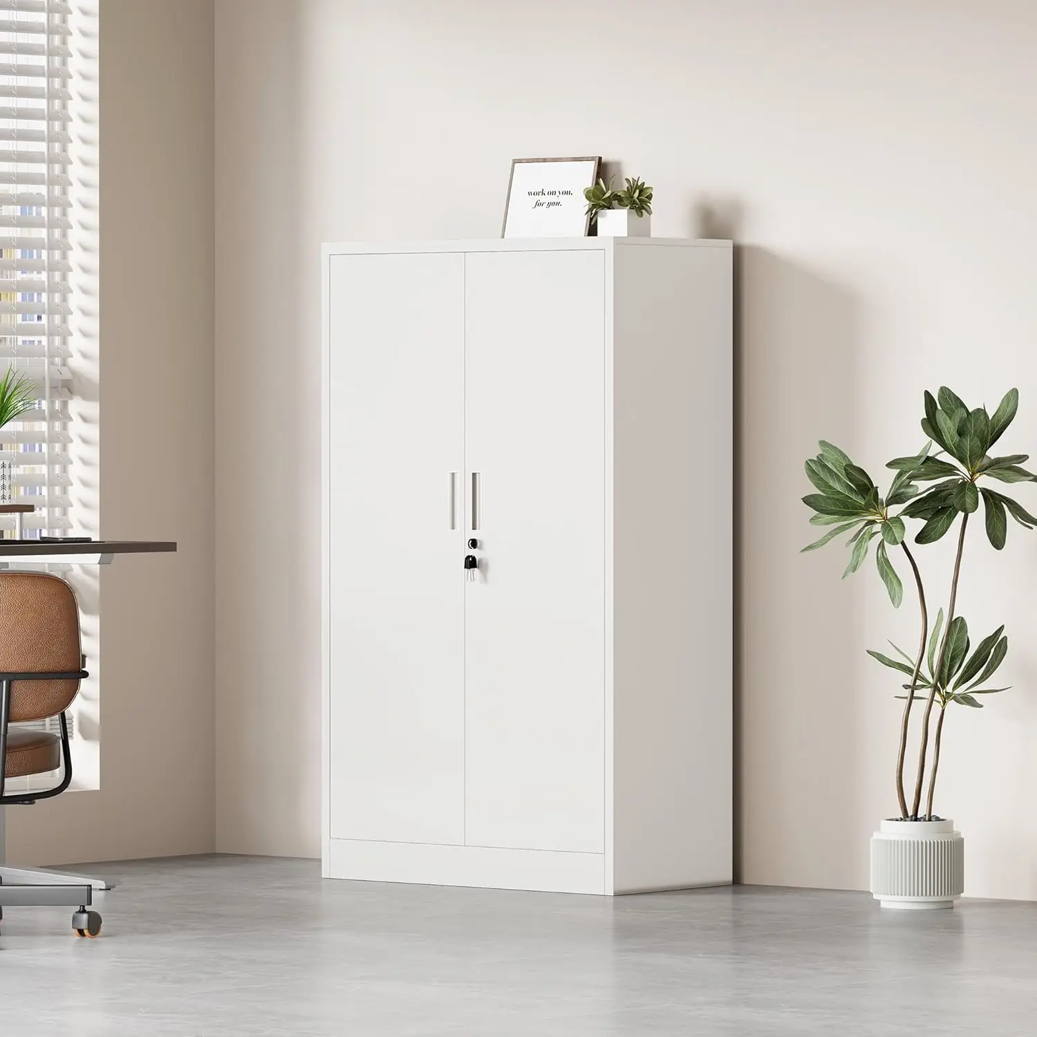 White Lockable Metal Storage Cabinet with Adjustable Shelves for Home Office Garage Kitchen Pantry