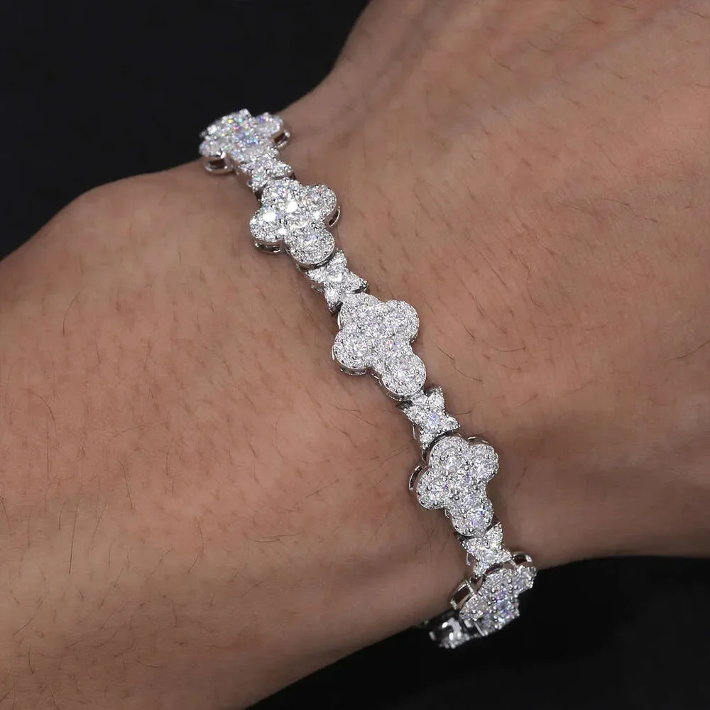 Mens Fashion White Gold 10mm 925 Sterling Silver Moissanite Stone Iced Out Star Cross Link Bracelet