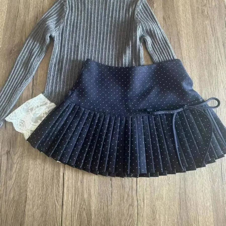 

Simple Vintage Blue Wave Point Skirt for Women Summer High Waist Bow Ruched Skirts 2025 New All-match Faldas Sexy Mujer