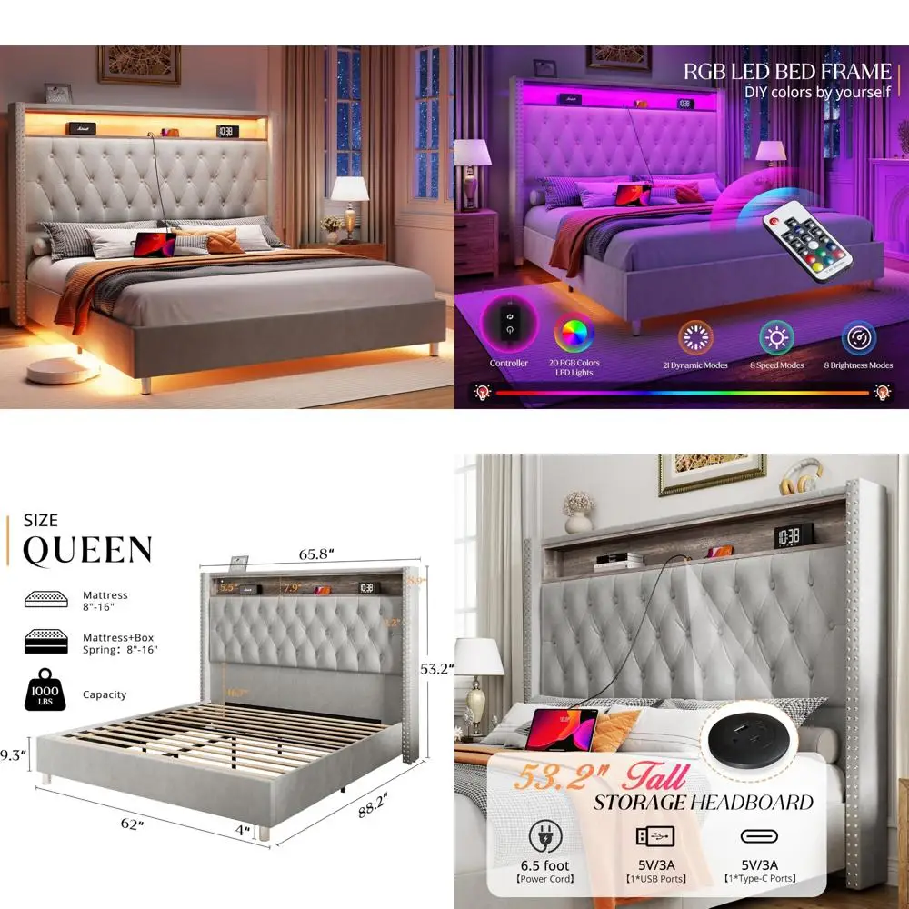 Jocisland Queen Bed Frame with 53.6 High Velvet Wingback Headboard, LED Lights, and Charging Station