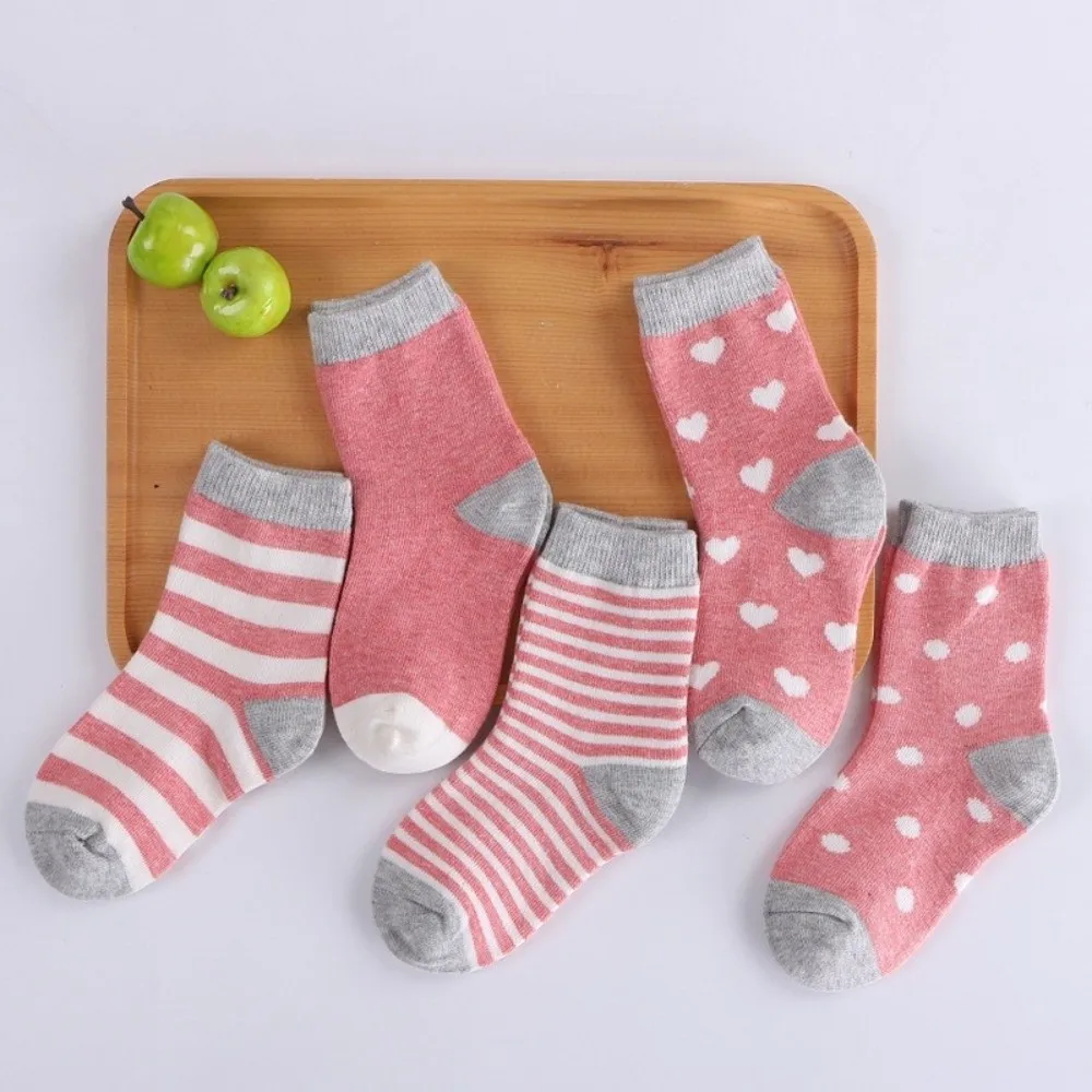 5 Pairs Classic Soft Cotton Toddler Socks Strips Spots Breathable Girls Boys Socks Autumn Winter Floor Stockings for 0-5 Years