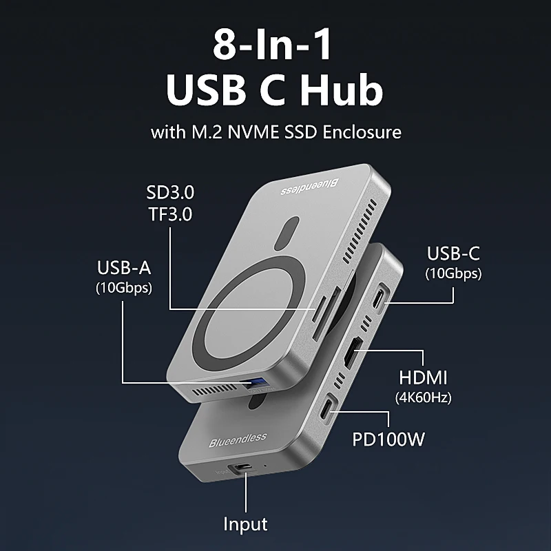Hub USB C con carga PD de 100W NVME M2 SSD Caja USB 3.2 Tipo C 8 en 1 Hubs Estación de acoplamiento multifunción