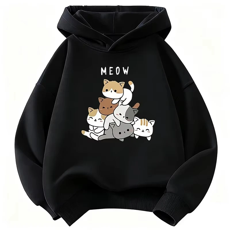 Unisex Cute Stacked Cat Meow Graphic Hoodie Casual Long Sleeve Pullover Hooded Sweatshirt Kawaii Animal Print Daily Wear Top