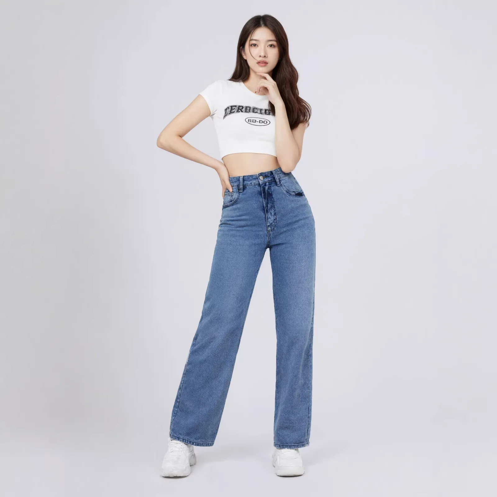 2026 Spring New Cross border Elastic Jeans Women's Loose High Waist Straight Leg Pants Women's Casual Versatile Wide Leg Pants