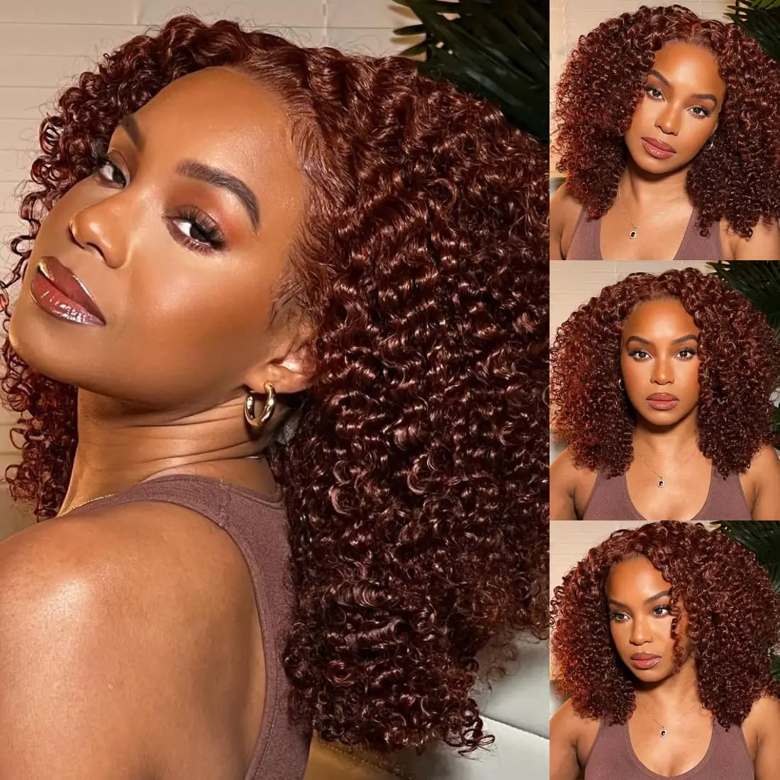 Perruque Lace Front Wig Deep Wave Naturelle Bouclée, Cheveux Humains, Brun Rougeâtre, HD, 13x4, Pre-Plucked