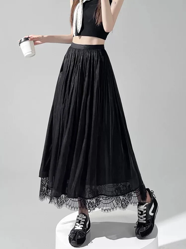 Skirt Apricot Shimmering Gauze Lace Patchwork Elastic Waist Draped Flowing Elegant Slimming Versatile Chic Midi A Line Dress