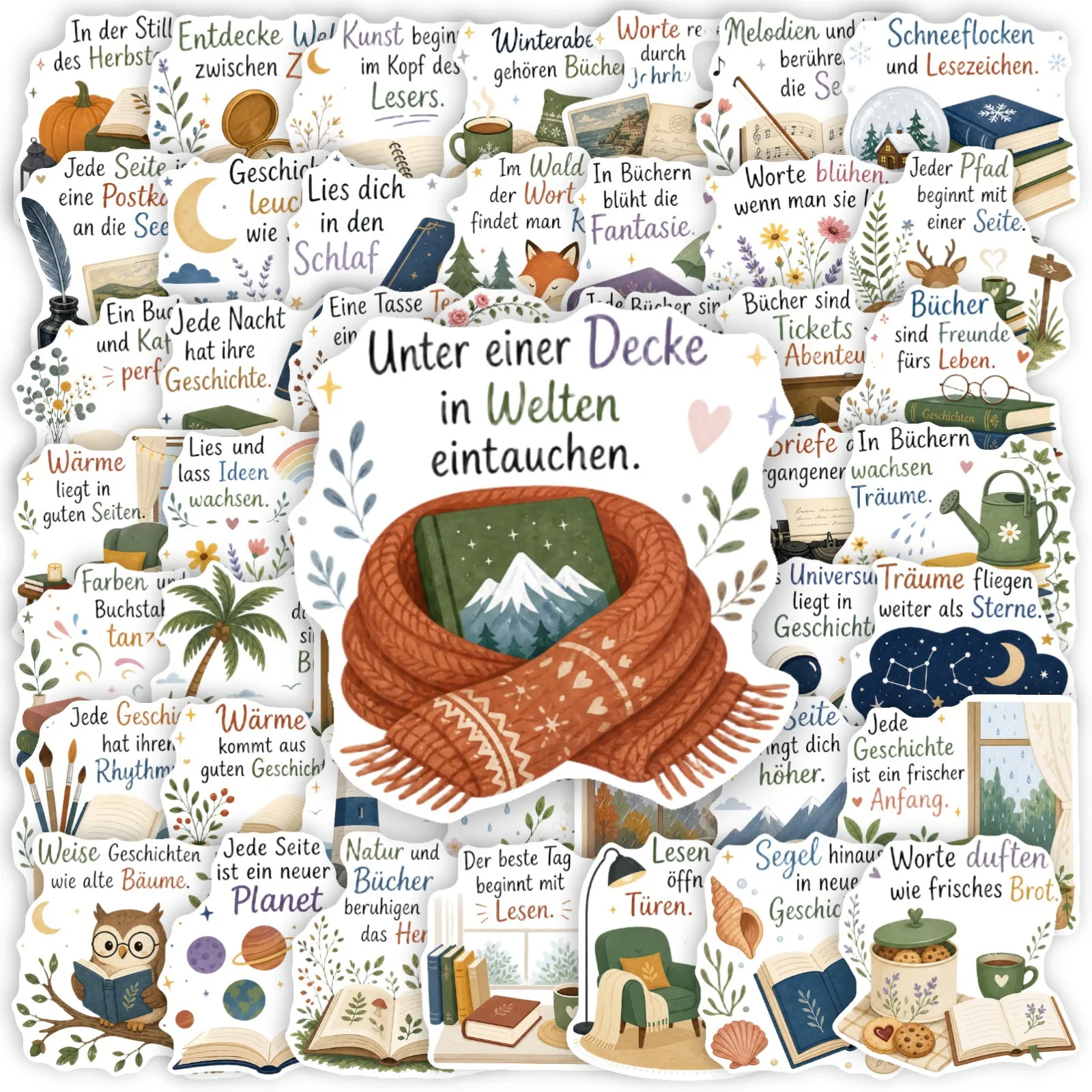 50PCS German Reading Retro Illustration Stickers Book Reading Quote Student Hand Account Material Removable Adhesive Decals