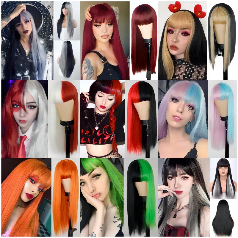 Synthetic Ombre Long Straight Wig Fashion Bangs Cosplay Costume Party Heat Resistant Hair for Halloween Carnival Festival