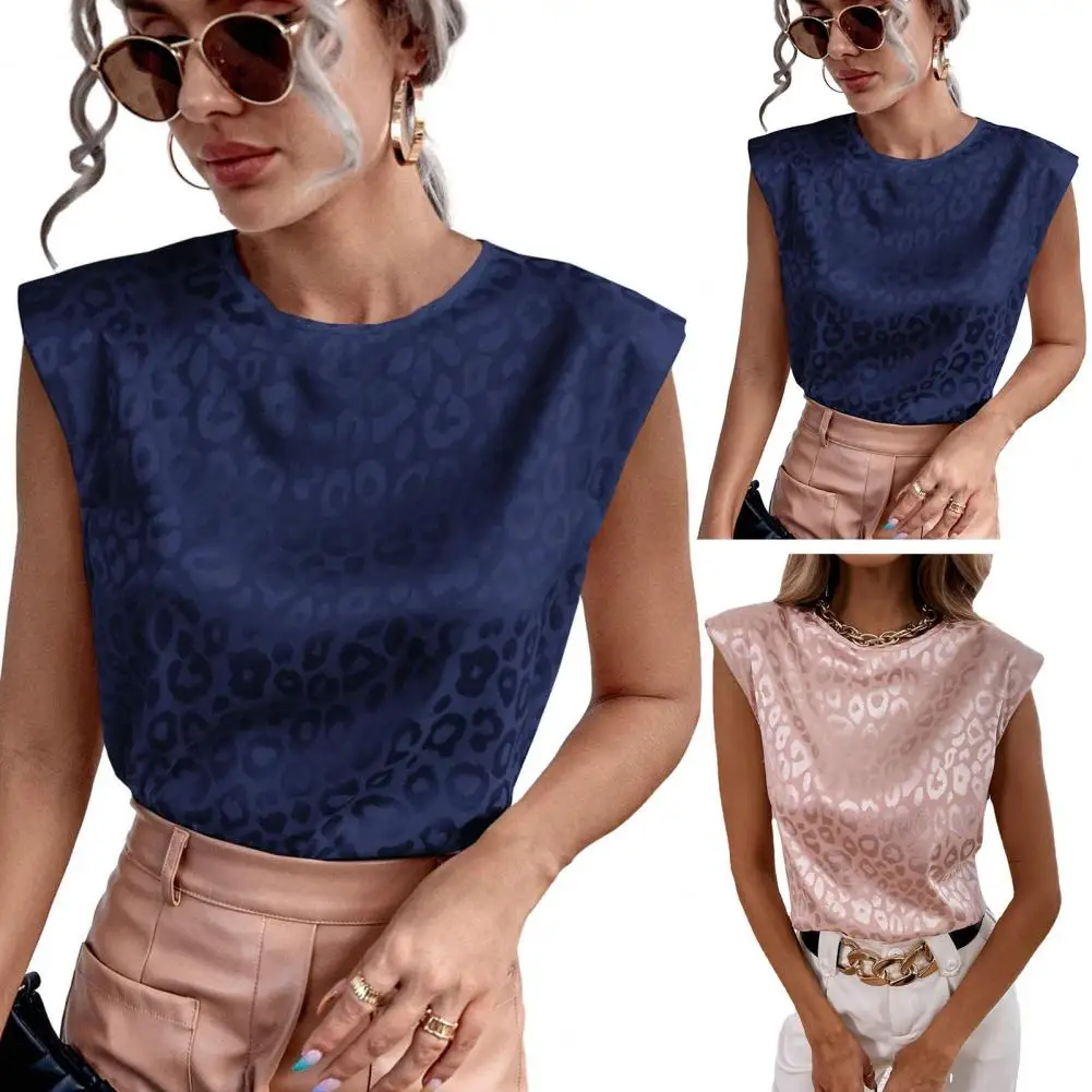Women Summer Top Vest Loose Leopard Print O Neck Sleeveless Blouse OL Style Back Button Closure Lady T-shirt