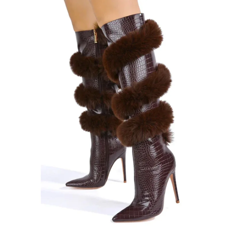 

Fashion Women Brown Black White Coiled Fur Knee High Boots Pointed Toe Thin Heels Zipper Side Female Snake Wrapped Botas Shoe