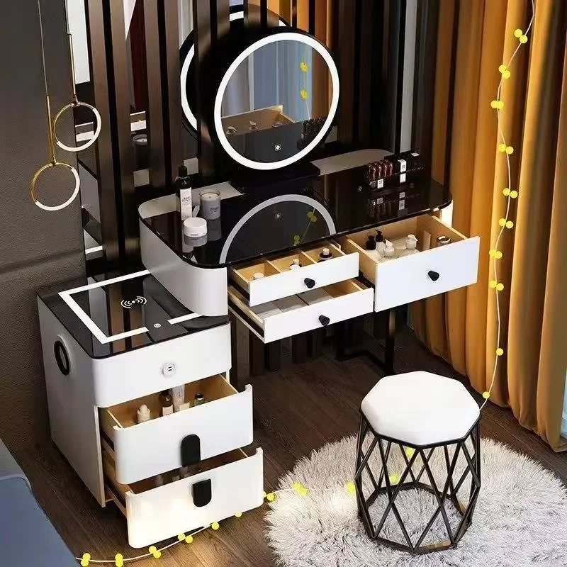 LED Mirror Dresser with Drawer Glass Top Vanity Table Compatible with Rabbit and Bear Design Style Bedroom Furniture Decor