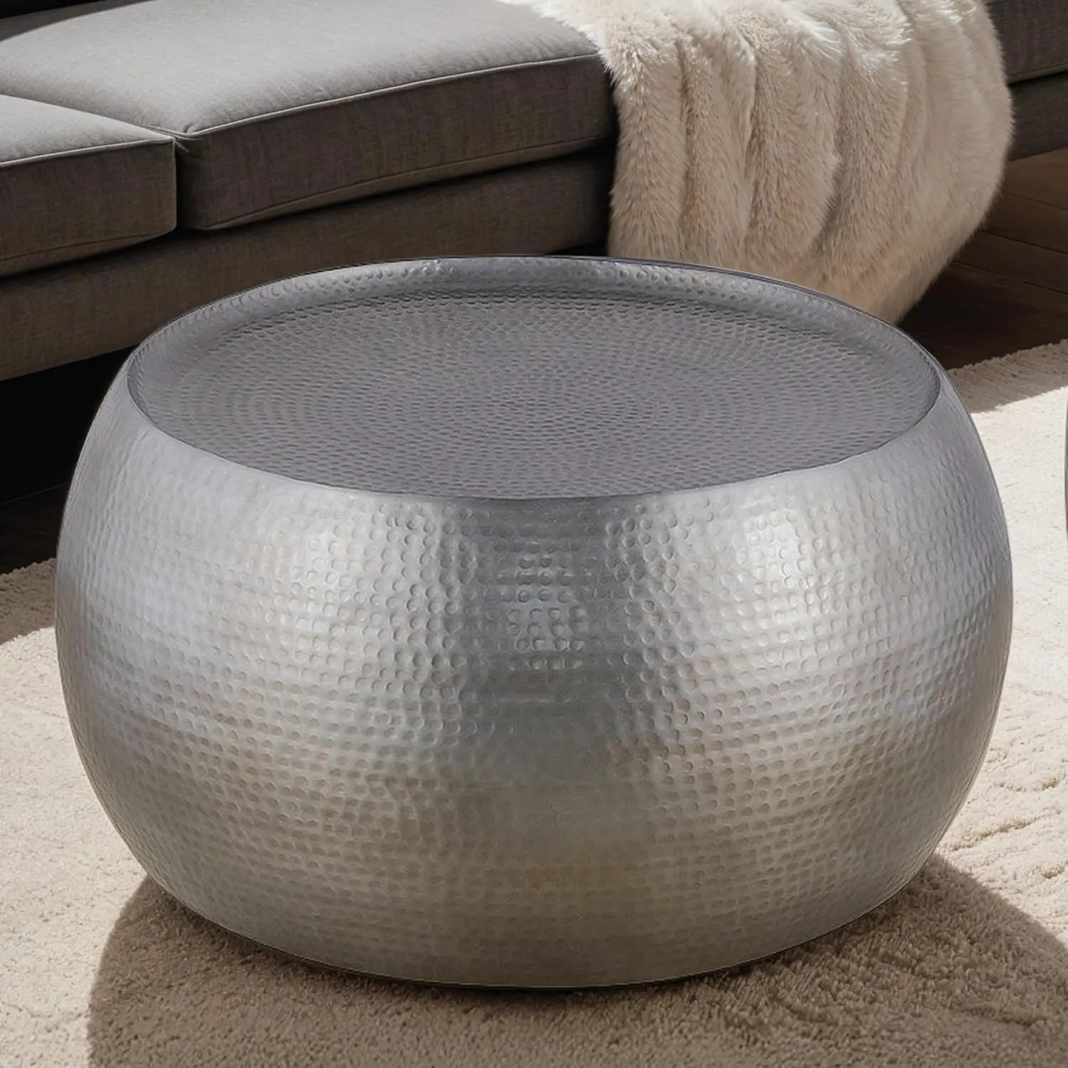 

Modern Round Aluminum Coffee Table Hand Hammered Antique Silver 32", Customized