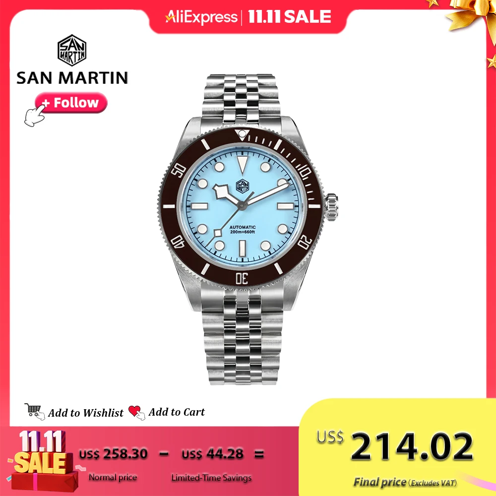 San Martin 40mm Diver Watch Enamel Dial Light Blue Pink Stainless Steel NH35 Automatic Luminous 200m Waterproof for Men SN0128