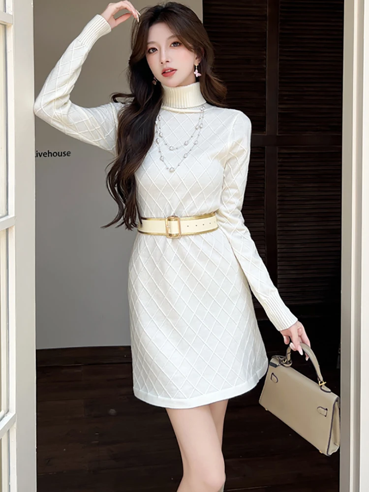 Otoño Invierno blanco tejido a cuadros Chic vendaje Mini vestido mujeres elegante ceñido al cuerpo vestido de cuello alto 2025 vestido de fiesta de moda coreana