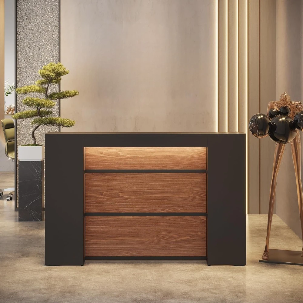 

Modern Reception Desk with LED Lights, 63 Inches Front Counter Table for Reception Room, Lobby, Beauty Salon, Retail,
