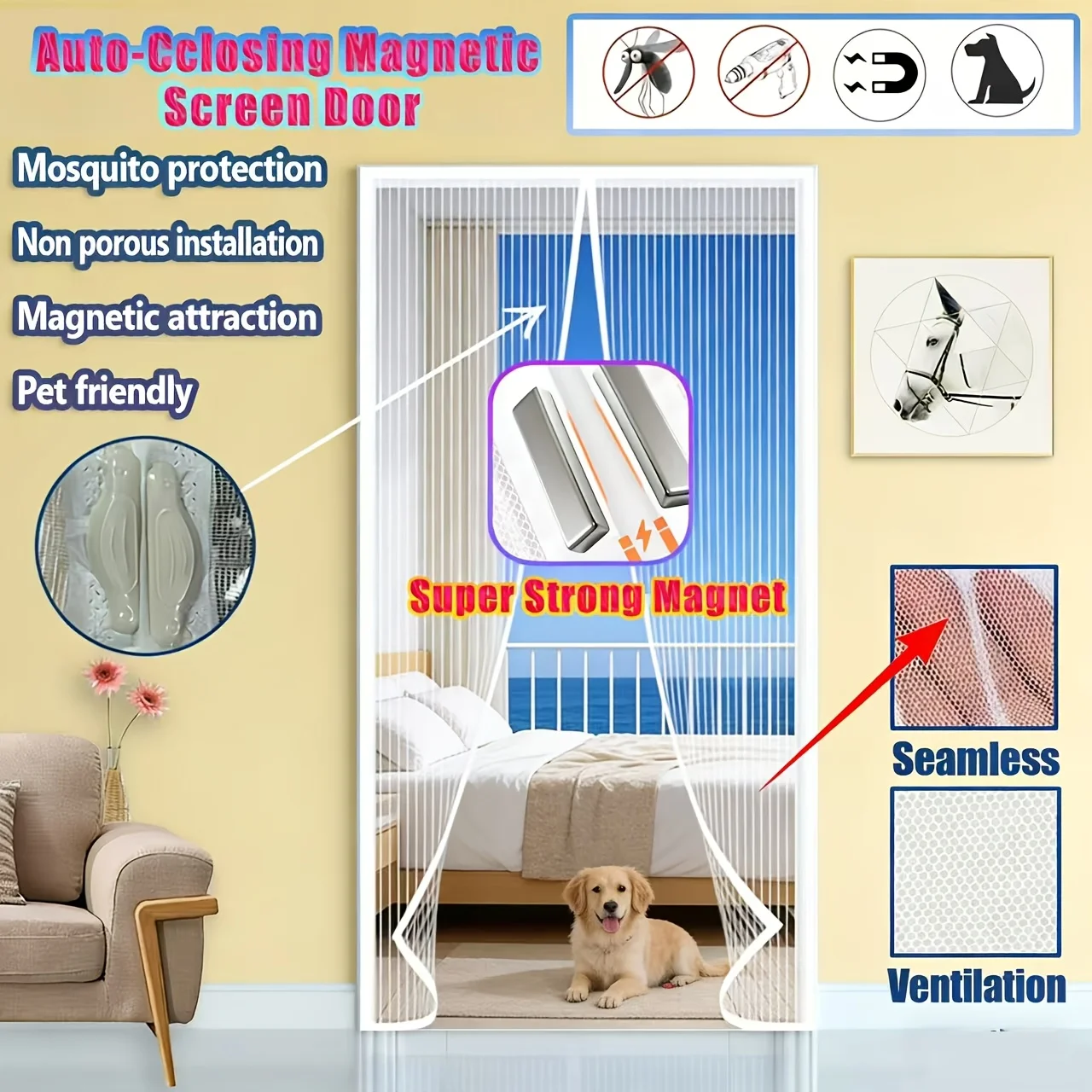 Fine polyester fiber yarn mosquito proof door curtain, lightweight, ventilated, mosquito proof, double fan open design