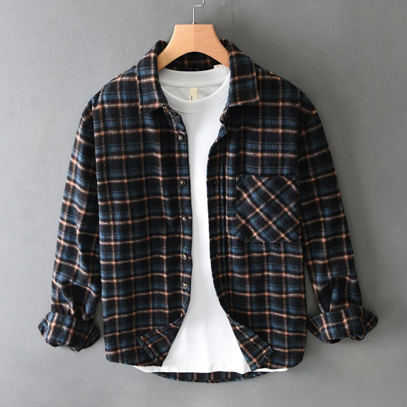 

American Vintage Casual Check Shirts for Men Autumn Winter Thick Plus Size 4XL Loose Plaid Workwear Youth Cityboy Shirts Coats