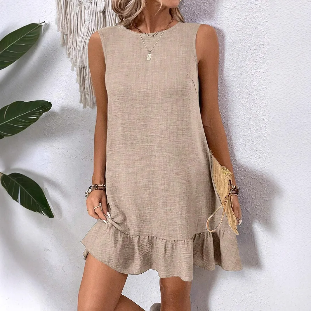 

2025 Summer New Hot Selling Bow Lace-up Solid Color Casual Mini Dress Women Summer Sleeveless Ruffles Sexy Vacation Style Dress