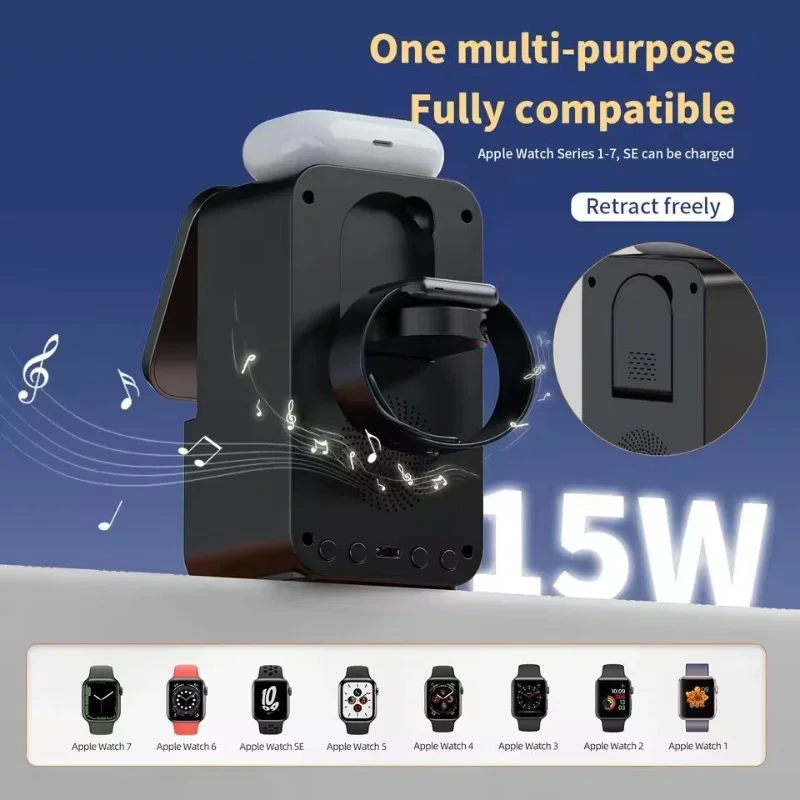 

Новый мульти-в одном Bluetooth-динамик с беспроводной быстрой зарядкой для настольного телефона, подходит для телефонов/наушников/часов Apple Aeries