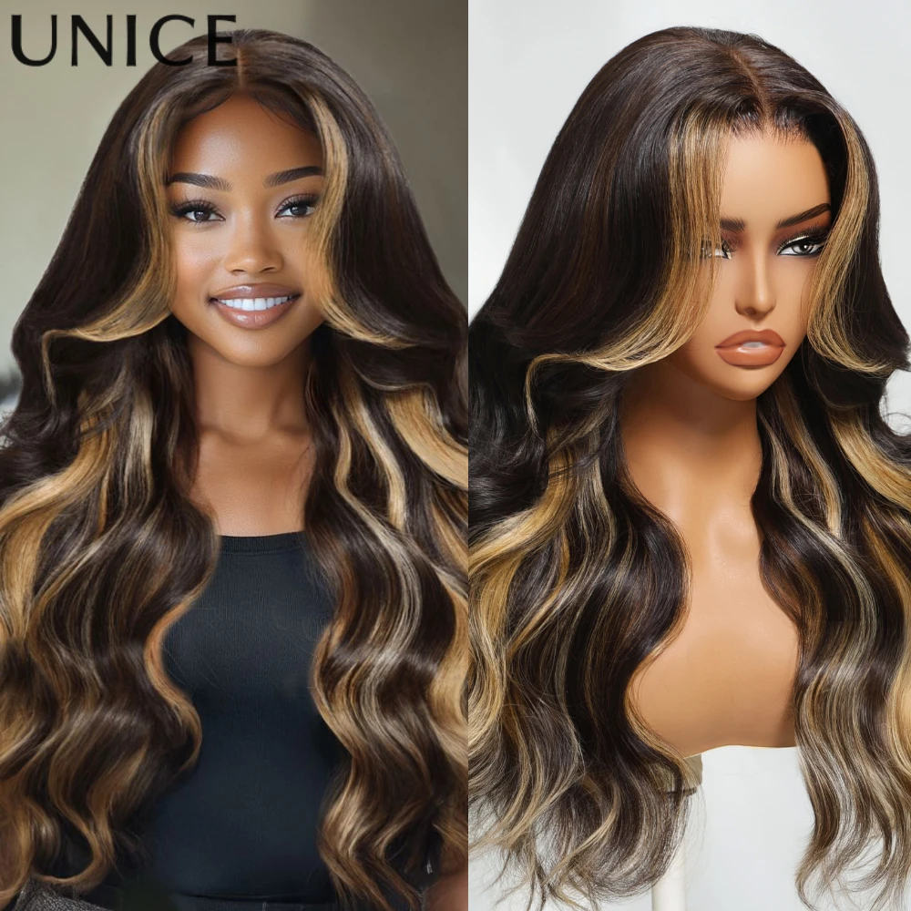 

UNice 7x5 Bye-Bye Slip™ Glueless Wig Butterscotch Highlights Brown Loose Wave Human Hair Wig With Face Framing Bangs