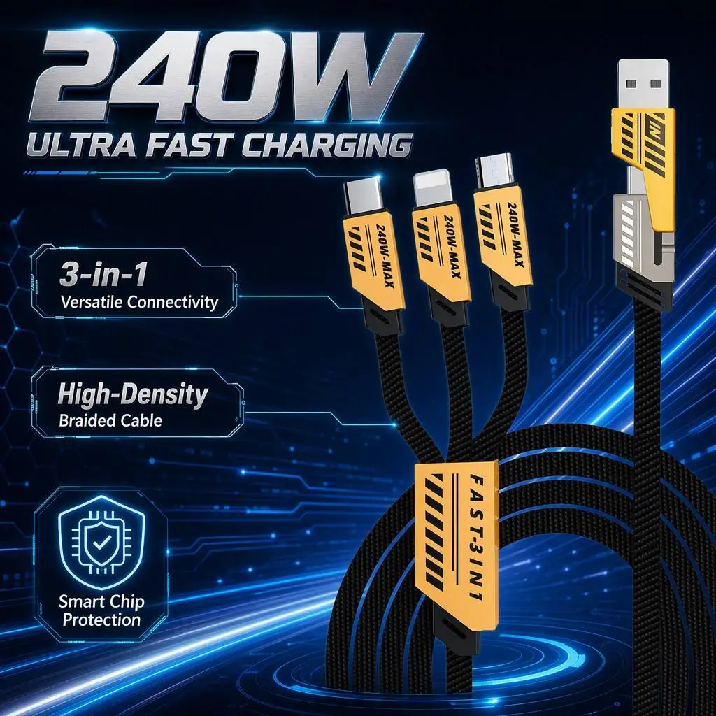 240W Multi Charging Cable 1.2m 3 In 2 Port Fast Charge Cord Compatible Type-C Micro USB Mobile Phones