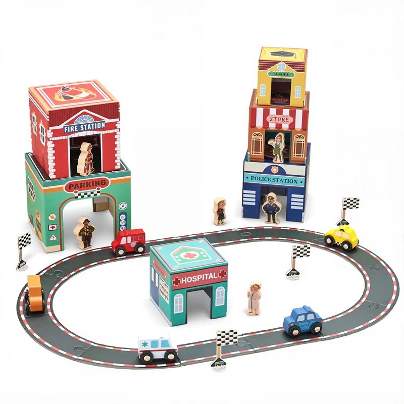 ชุดของเล่นเด็กแบบมอนเตสซอรี่ รถการ์ตูนขนาดเล็ก รางซ้อนได้ ดีไซน์แบบโมดูล ตัวรถประกอบได้ ชุดอุปกรณ์เสริมสำหรับเด็ก