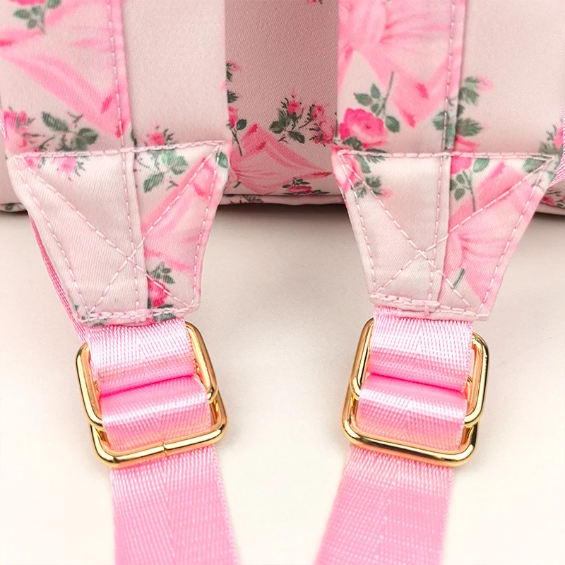 2PCS/SET Trendy Flower Bow Printing School Bag Lunch Bag Large Capacity Nylon Backpack Cute Students Insulation Ice Bento Box