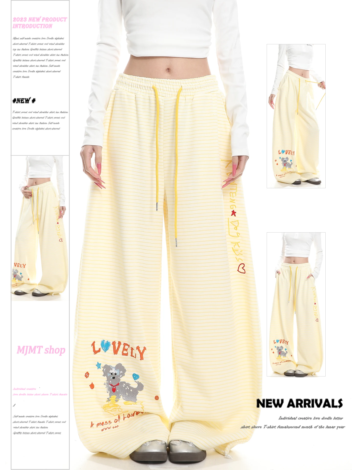 

Американские мультяшные брюки с вышивкой и полосками, свободные женские повседневные брюки, весенний дизайн, стройнящие, широкие, в стиле lazy, с эффектом похудения