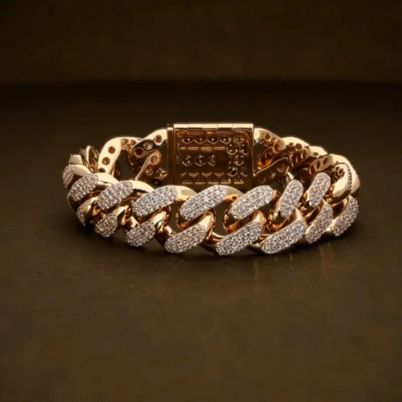Hop 18K .Hip Solid Gold Lab/Natural Diamond Cuban Chain Luxury Cuban Chain Pave Set Lab Grown Diamond Cuban Bracelet for Men
