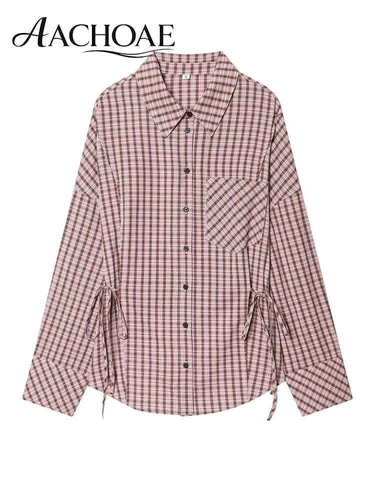 AACHOAE Women Pink Plaid Button Up Shirt Long Sleeve Casual Checkered Blouse Tie Sleeve Detail Oversized Vintage Loose Fit Top