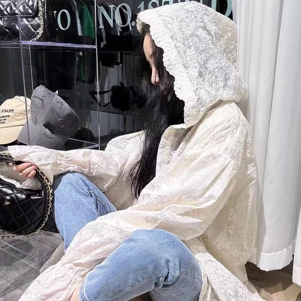 Summer White Lace Jacket Women Casual Solid Color Coat Holiday Cardigan Lace Embroidery Hooded Sunscreen Clothing Ladies Elegant