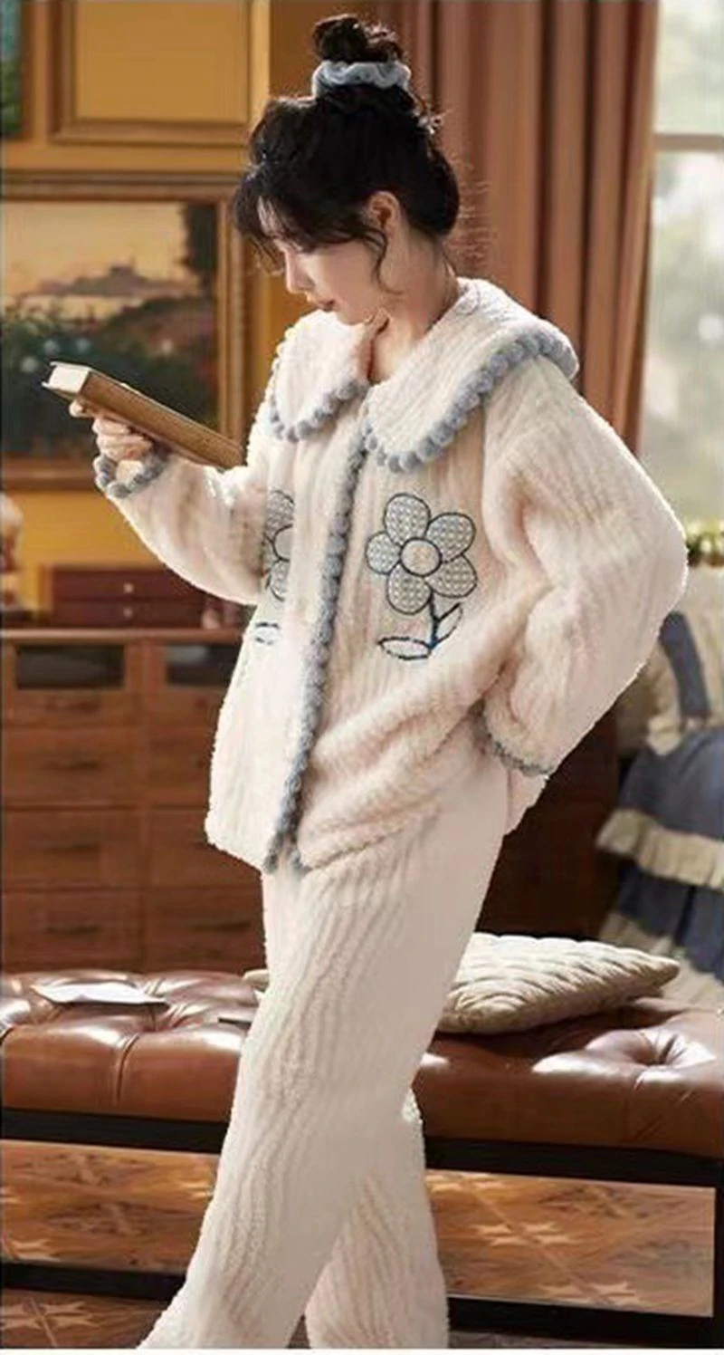 Conjunto de 2 uds de franela a la moda, ropa de dormir de estilo dulce para niña, Top de manga larga y pantalones largos, ropa de descanso cálida de tela suave para mujer, vestido de casa