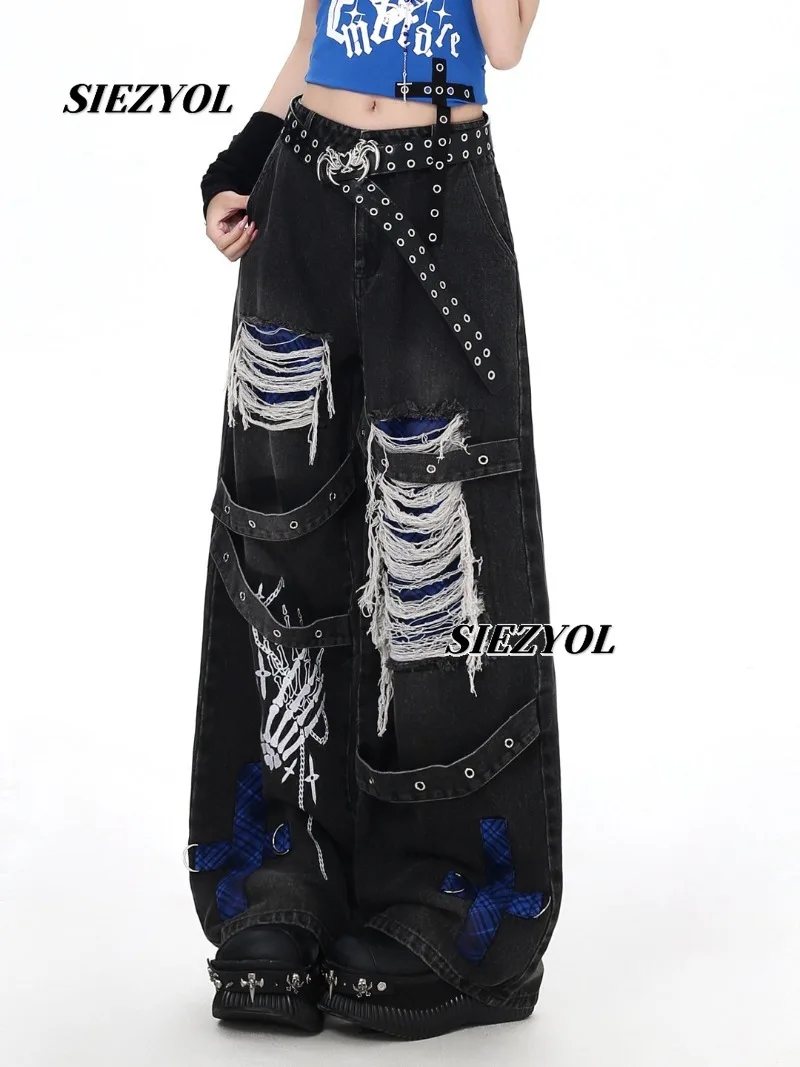 

Niche Punk Ripped and Distressed Vintage Wash Loose Denim Jeans Spring Summer Sweet Versatile High-waisted Wide-leg Pants