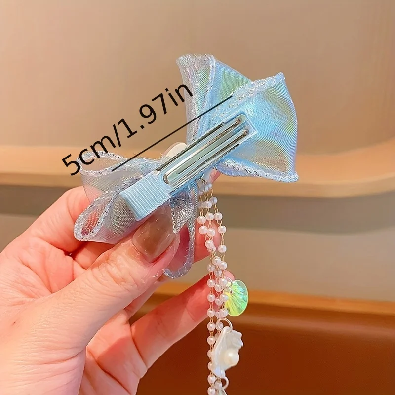 Children Baby Mermaid Princess Pearl Butterfly Fringe Bow Forehead Chain Hairpin Fairy Hair Accessories Cartoon Girls Hair Clip