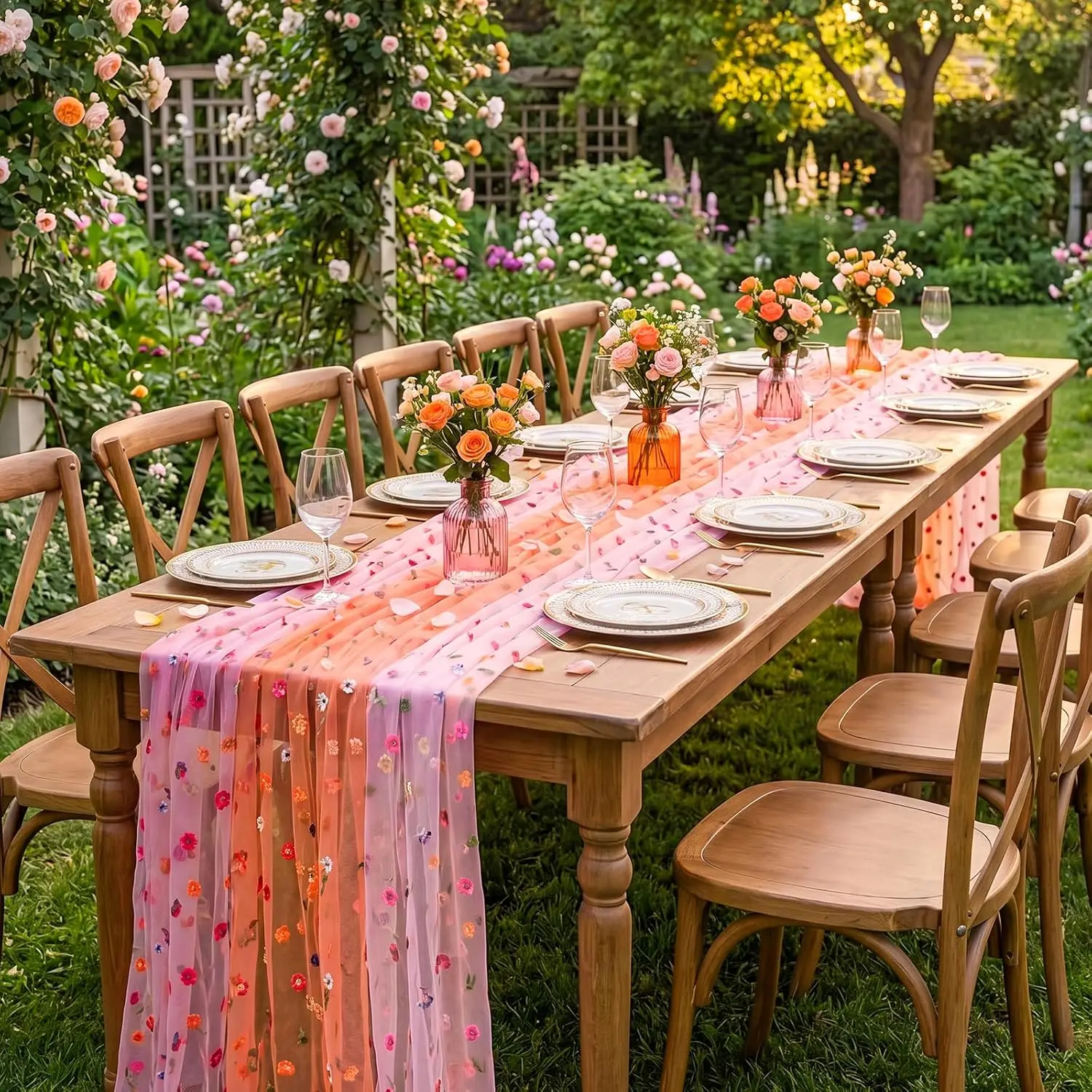3Pcs Pink Orange Party Table Runner Sheer Daisy Sunset Soiree Party Gauze Lace Fabric for Wedding Birthday Baby Bridal Shower