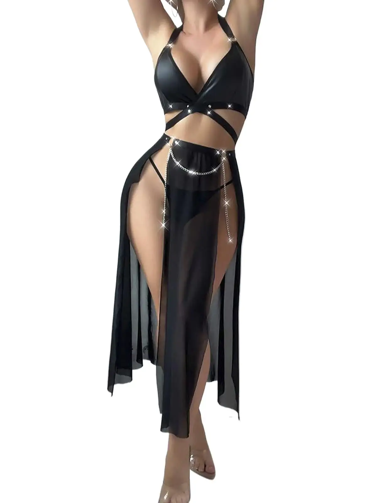 

Сексуальные женские наряды, бюстгальтер пуш-ап из искусственной кожи и прозрачная сетчатая юбка с высоким разрезом, комплект нижнего белья, соблазнительное нижнее белье, декор с цепочкой и заклепками, ролевая игра