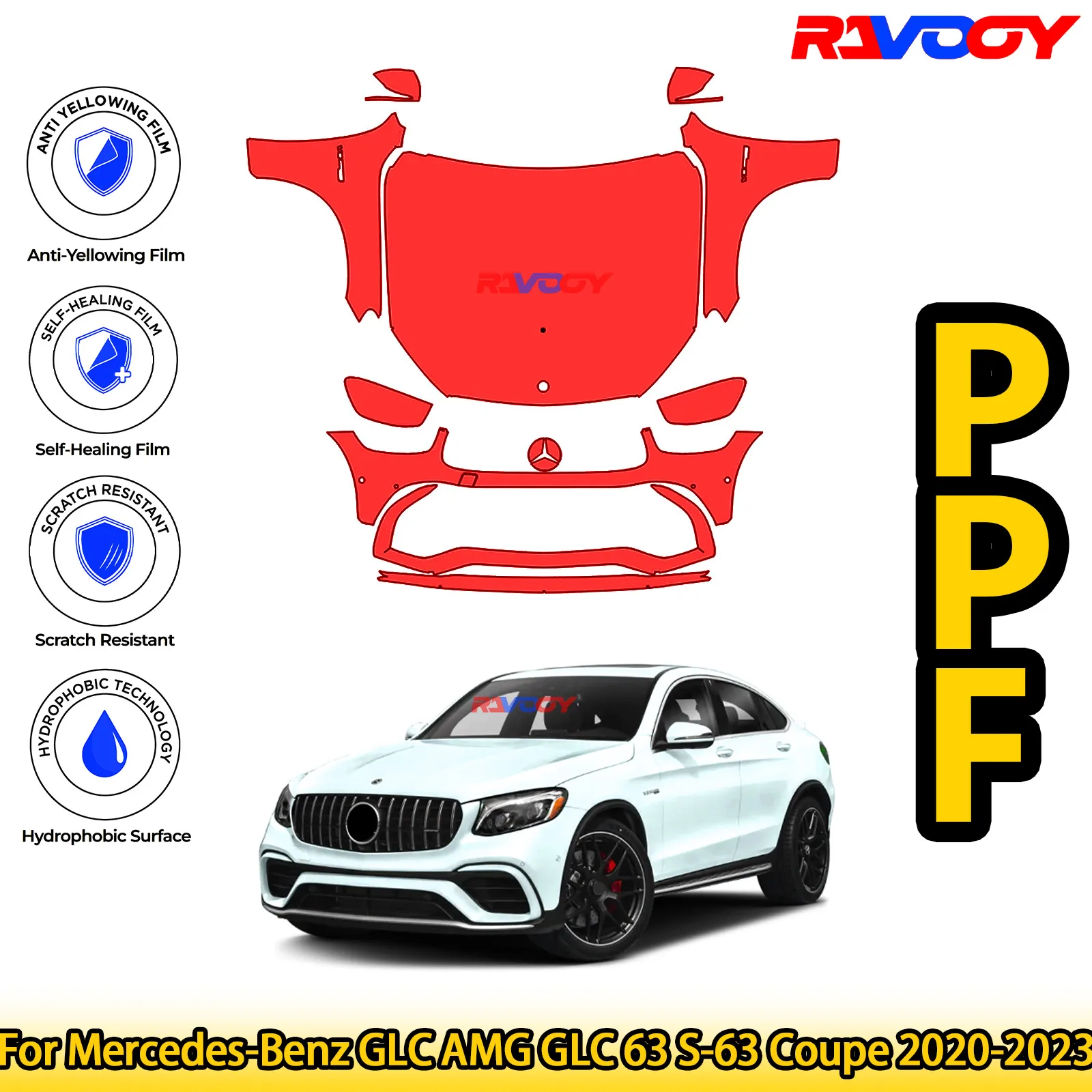 

Для Mercedes-Benz GLC AMG GLC 63 S-63 Coupe 2020-2023, глянцевая матовая черная предварительно вырезанная передняя пленка PPF, комплект защиты от краски