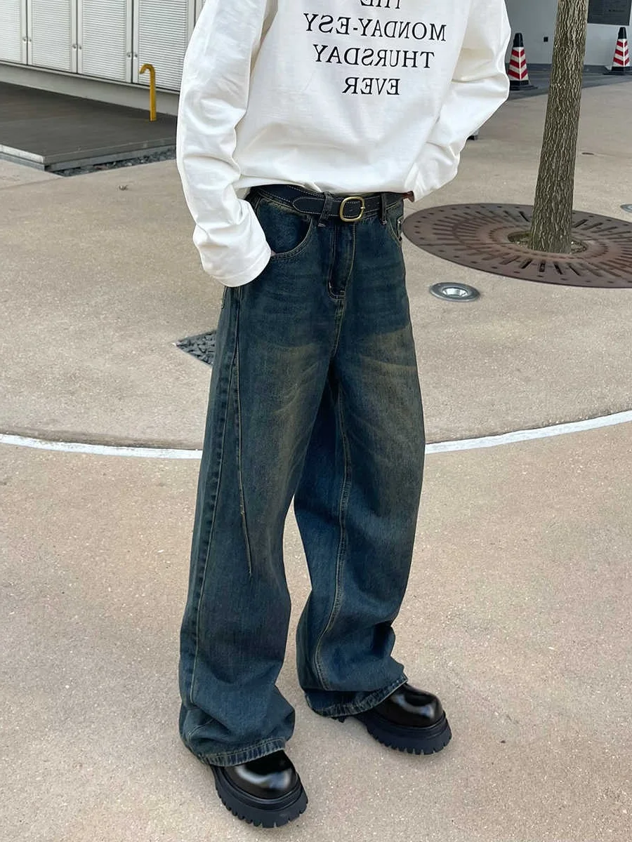 

American Retro Waed Denim Jeans Casual Wide Leg Loose Long Pants Straight Cut Street Sle Cool And Trendy Blue Jeans